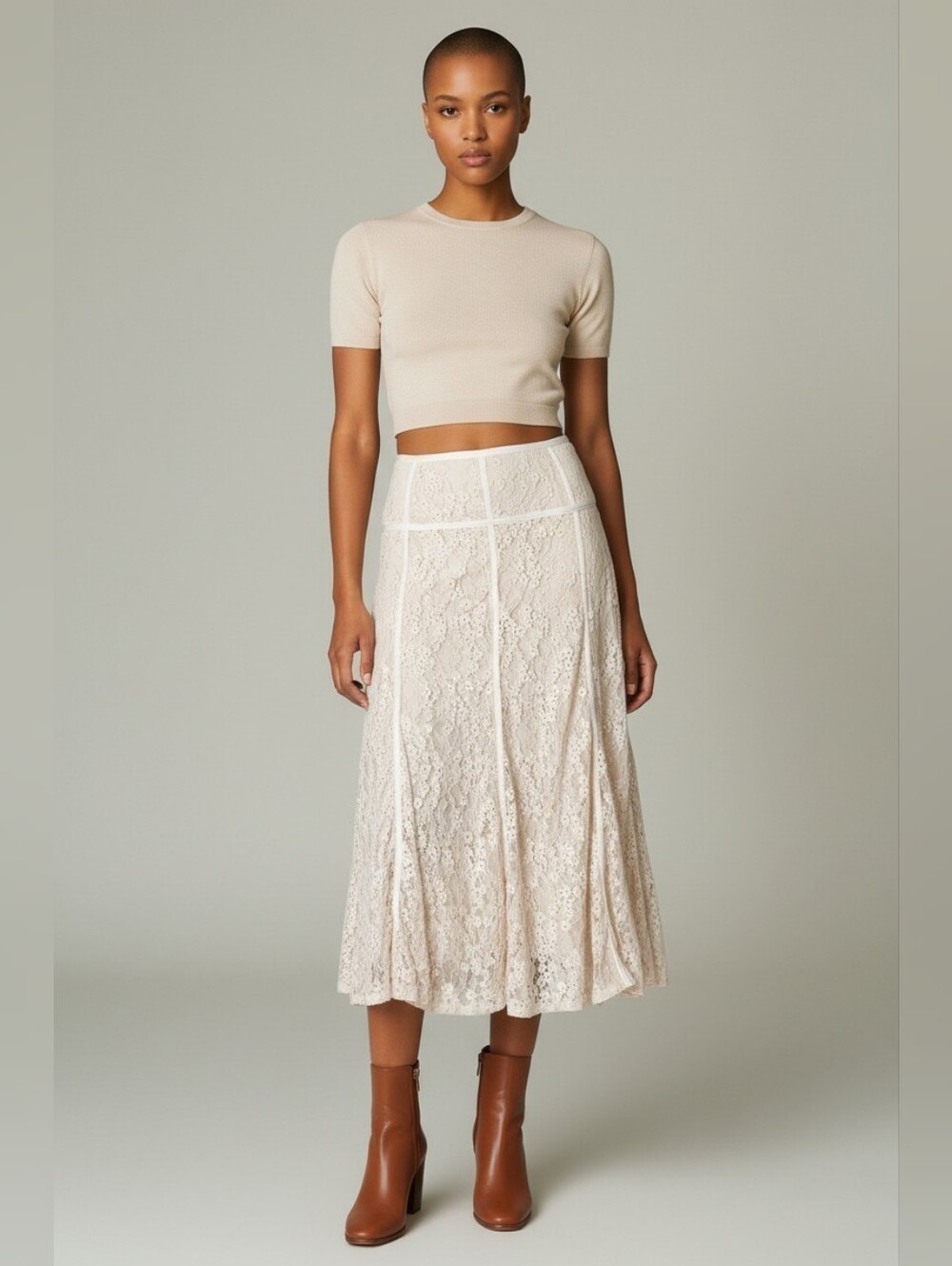 Susan Graver Ivory Victorian Lace Midi Skirt 6 Feminine Boho Whimsy Romantic